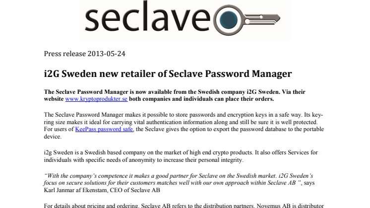 i2G Sweden new retailer of Seclave Password Manager