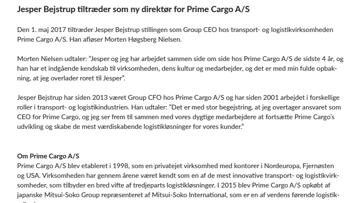 Jesper Bejstrup tiltræder som ny direktør for Prime Cargo A/S