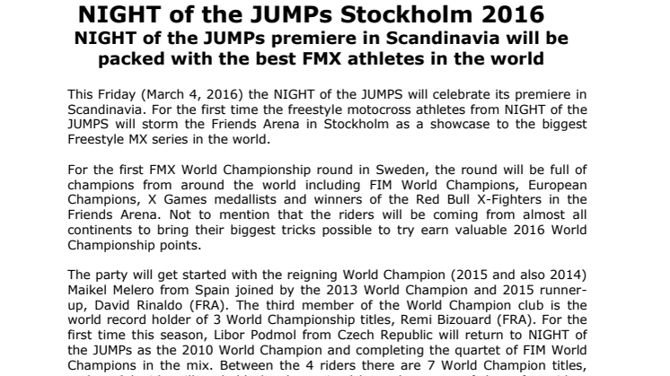 Svenskt deltagande när VM-deltävling i Freestyle Motocross kommer till Friends Arena