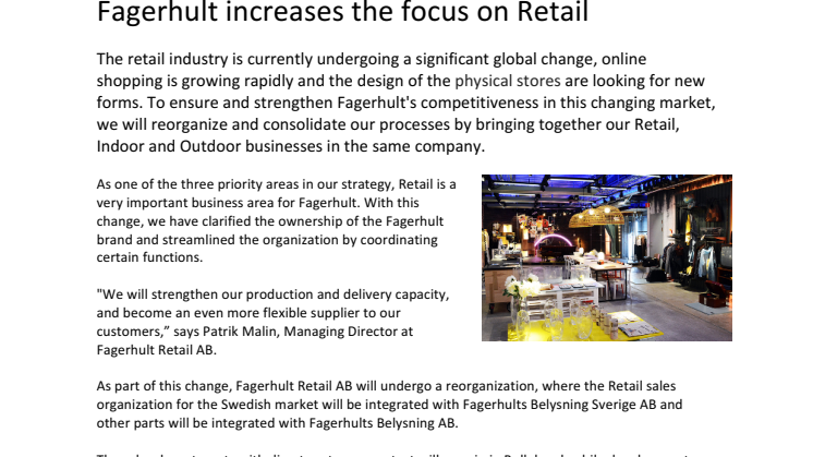 Fagerhult increases the focus on Retail
