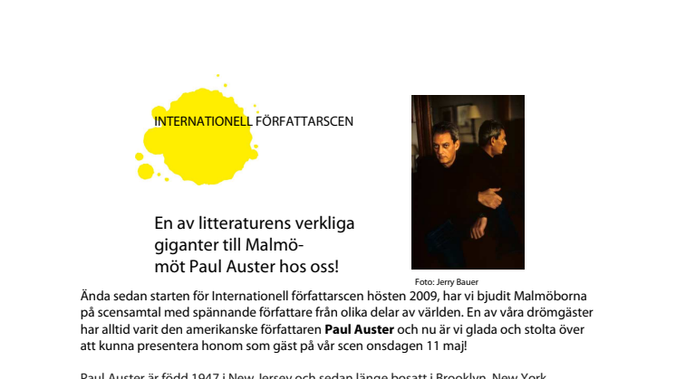 En av litteraturens verkliga giganter till Malmö- möt Paul Auster hos oss! 