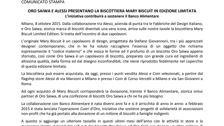 ORO SAIWA E ALESSI PRESENTANO LA BISCOTTIERA MARY BISCUIT IN EDIZIONE LIMITATA