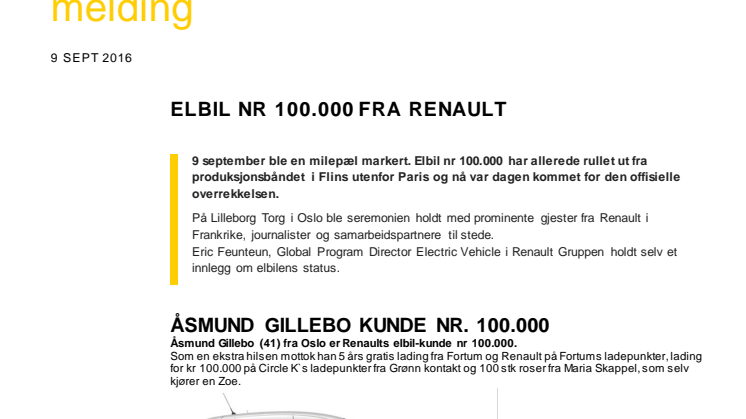 Elbil nr 100.000 fra Renault overlevert i Oslo