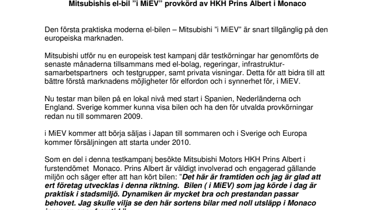 Mitsubishis el-bil "i MiEV" provkörd av HKH Prins Albert i Monaco