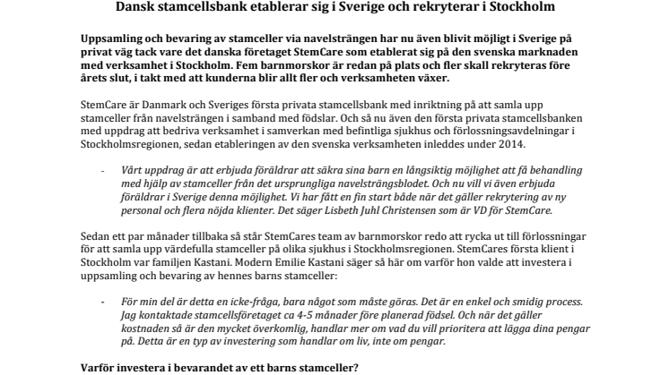 Dansk stamcellsbank etablerar sig i Sverige och rekryterar i Stockholm