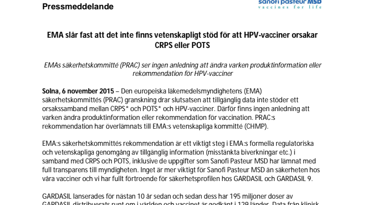 EMA slår fast att det inte finns vetenskapligt stöd för att HPV-vacciner orsakar CRPS eller POTS