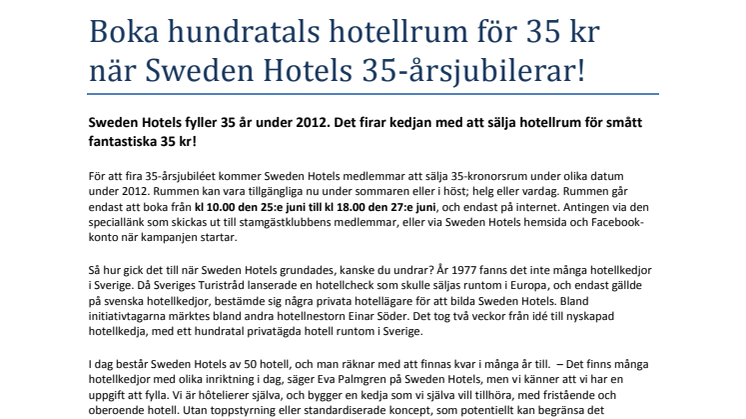 Boka hundratals hotellrum för 35 kr när Sweden Hotels 35-årsjubilerar!