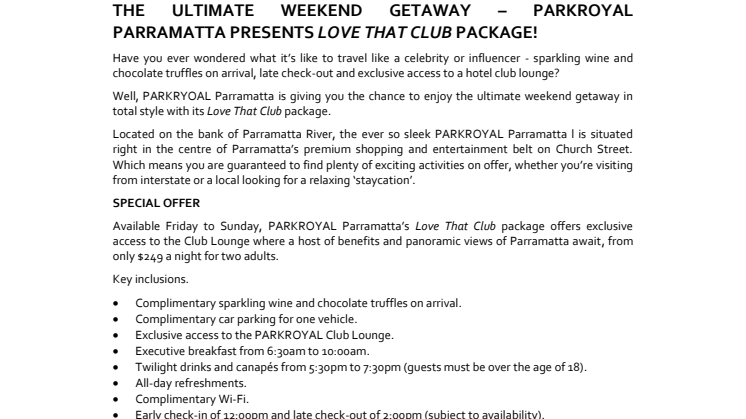 The Ultimate Weekend Getaway at PARKROYAL Parramatta