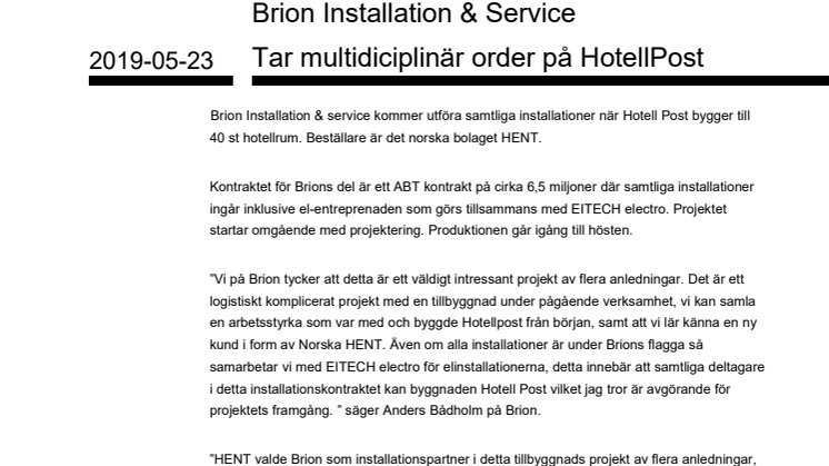 Brion Installation & Service Tar multidiciplinär order på HotellPost