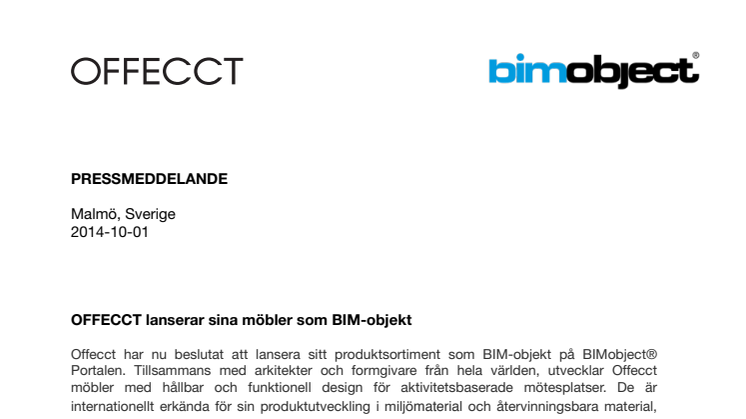 OFFECCT lanserar sina möbler som BIM-objekt