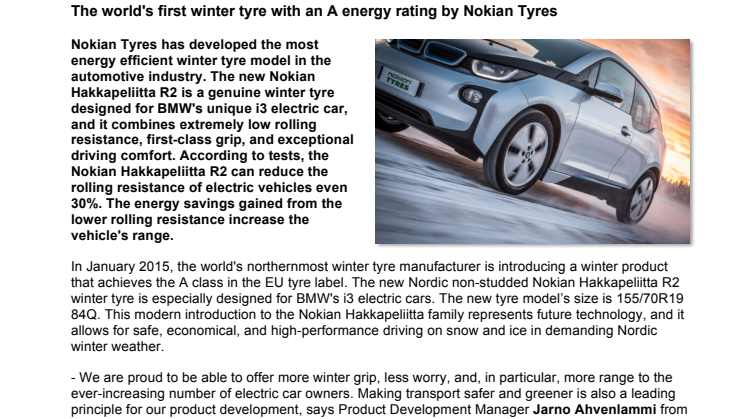 Nye Nokian Hakkapeliitta R2 til elbil: Verdens første vinterdekk med energiklasse «A» 