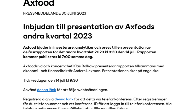 Inbjudan till presentation av Axfoods andra kvartal 2023.pdf