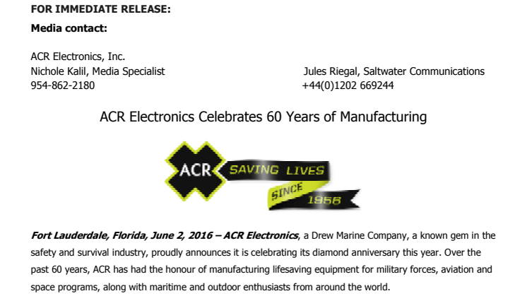 ACR Electronics Inc: Celebrates 60 Years Of Manufacturing