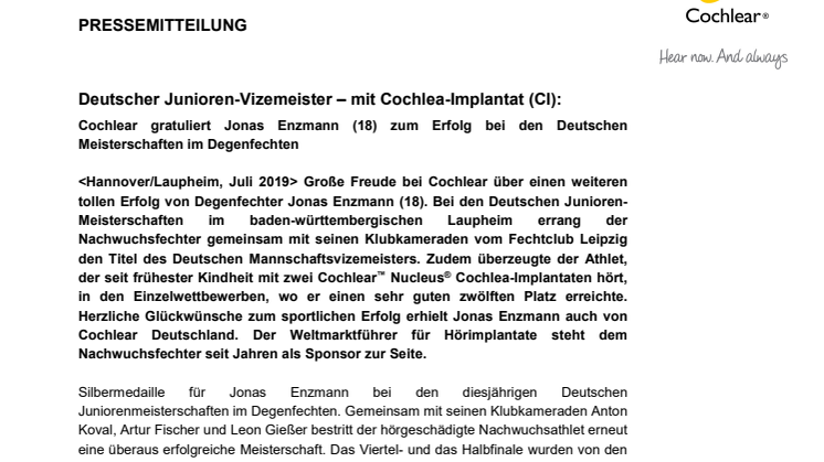 Deutscher Junioren-Vizemeister – mit Cochlea-Implantat (CI)