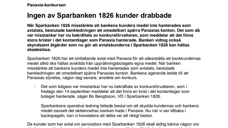Panaxia-konkursen - Ingen av Sparbanken 1826 kunder drabbade  