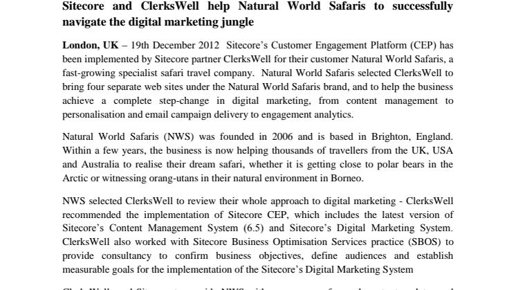 Sitecore and ClerksWell help Natural World Safaris to successfully navigate the digital marketing jungle