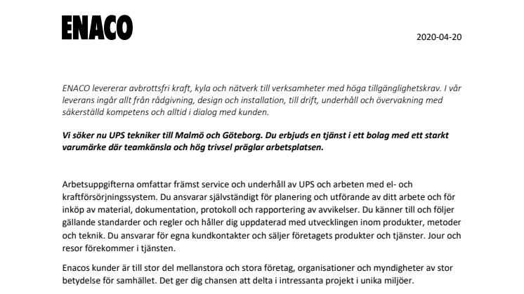 UPS tekniker till Göteborg och Malmö