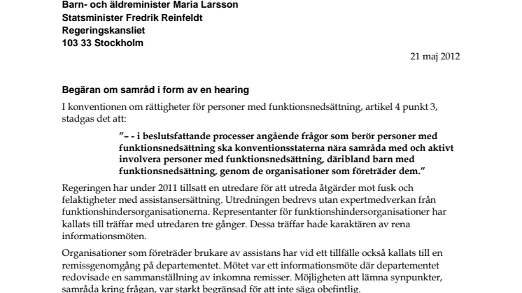 Skrivelsen till statsminister Fredrik Reinfeldt och till Barn- och äldreministern Maria Larsson