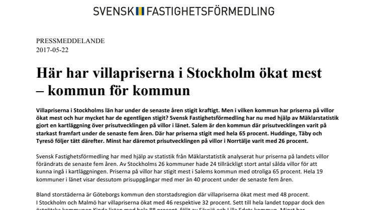 Här har villapriserna i Stockholm ökat mest  – kommun för kommun