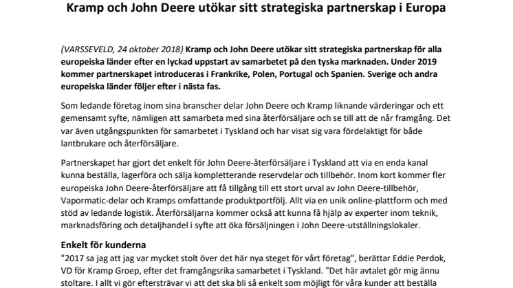 Kramp och John Deere utökar sitt strategiska partnerskap i Europa