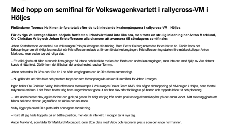 Med hopp om semifinal för Volkswagenkvartett i rallycross-VM i Höljes
