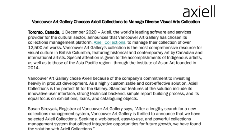 Vancouver Art Gallery Chooses Axiell Collections to Manage Diverse Visual Arts Collection