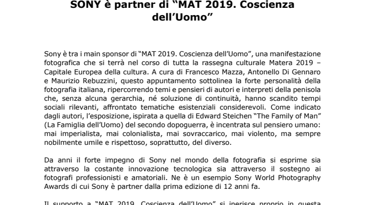 SONY è partner di “MAT 2019. Coscienza dell’Uomo”