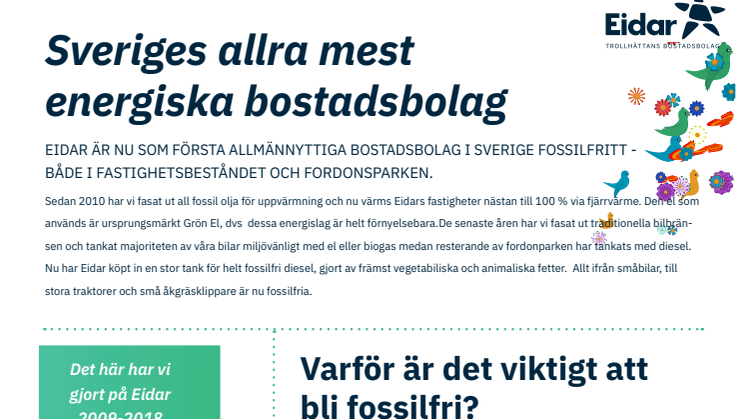 Eidar, Trollhättans Bostadsbolag först i hela Sveriges allmännytta att bli fossilfritt
