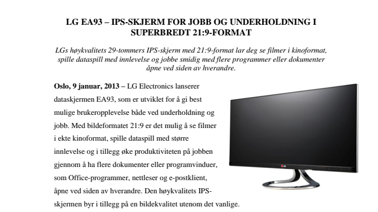 LG EA93 – IPS-SKJERM FOR JOBB OG UNDERHOLDNING I SUPERBREDT 21:9-FORMAT