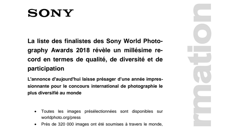 La liste des finalistes des Sony World Photography Awards 2018 révèle un millésime record en termes de qualité, de diversité et de participation