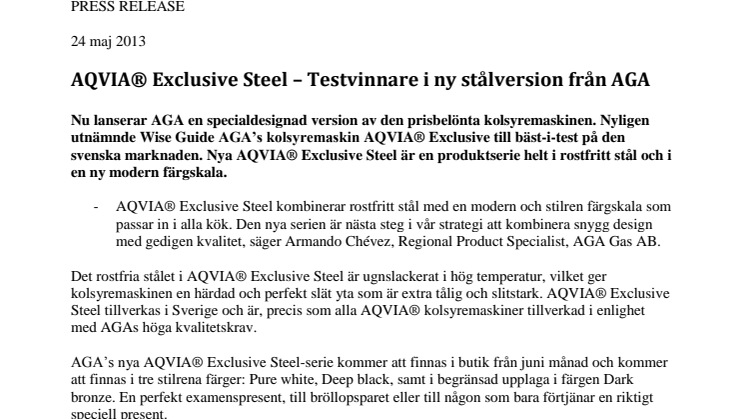 AQVIA® Exclusive Steel – Testvinnare i ny stålversion från AGA