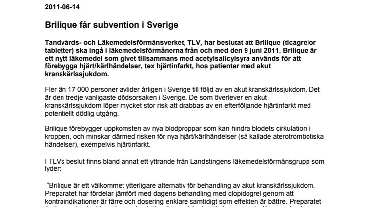 Brilique får subvention i Sverige 