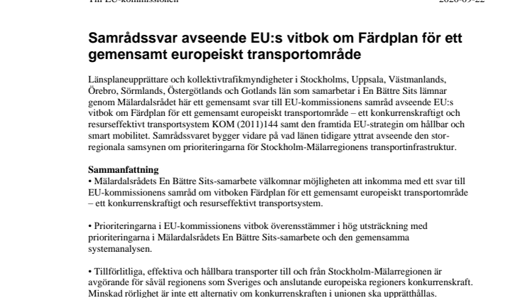 Mälardalsrådets En Bättre Sits Samrådssvar EUs vitbok om transporter