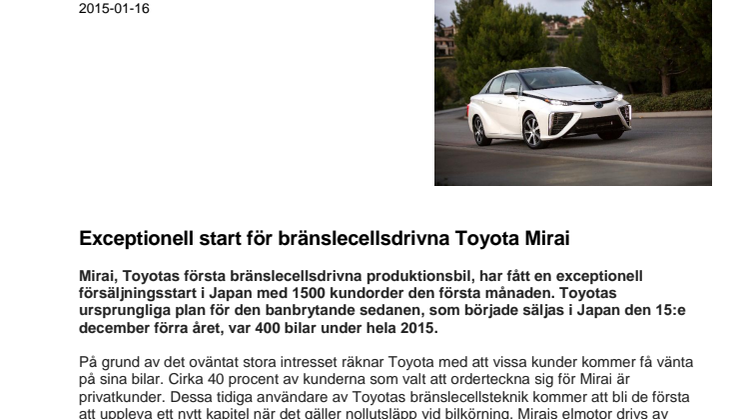 Exceptionell start för bränslecellsdrivna Toyota Mirai