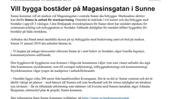 Vill bygga bostäder på Magasinsgatan i Sunne