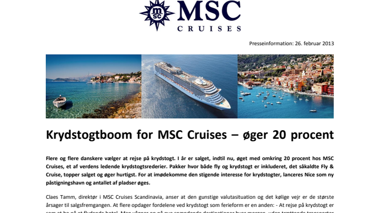 Krydstogtboom for MSC Cruises – øger 20 procent