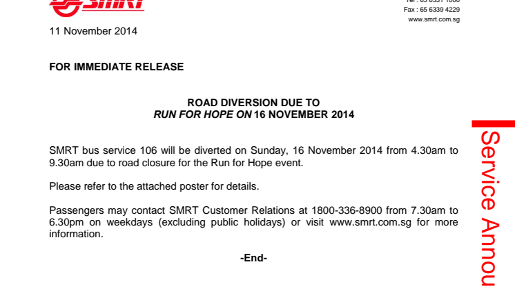 Road Diversion due to Run for Hope on 16 November 2014