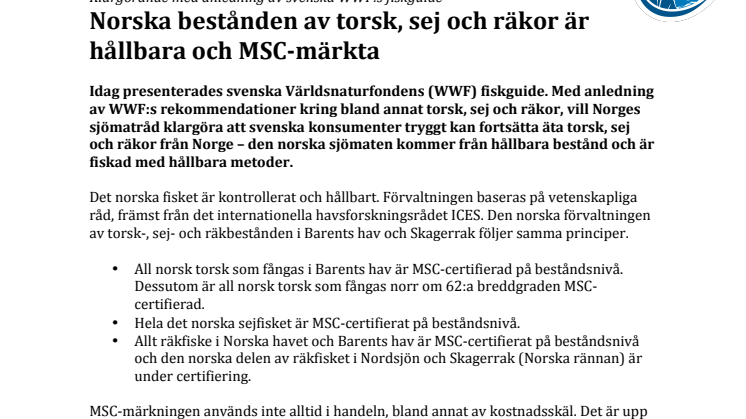 Norska bestånden av torsk, sej och räkor är hållbara och MSC-märkta