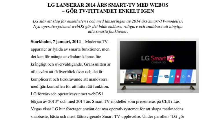 LG LANSERAR 2014 ÅRS SMART-TV MED WEBOS  – GÖR TV-TITTANDET ENKELT IGEN