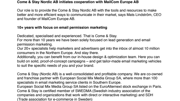 Come & Stay Nordic AB initiates cooperation with MailCom Europe AB