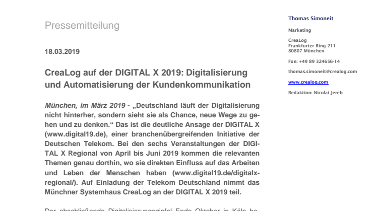 CreaLog auf der DIGITAL X 2019: Digitalisierung und Automatisierung der Kundenkommunikation