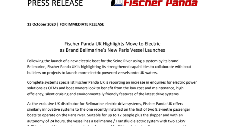 Fischer Panda UK Highlights Move to Electric as Brand Bellmarine’s New Paris Vessel Launches
