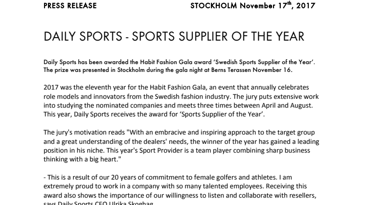 DAILY SPORTS - SPORTS SUPPLIER OF THE YEAR
