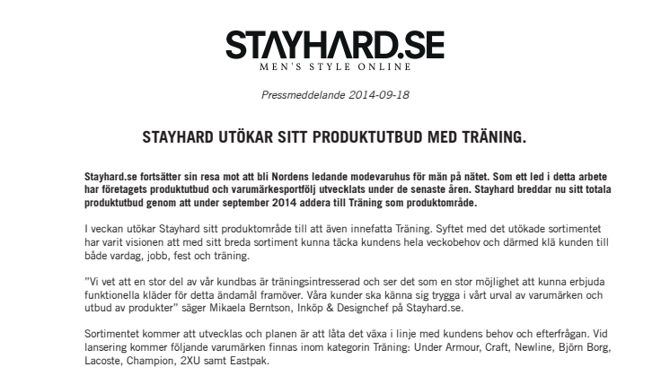 Stayhard utökar sitt produktutbud med Träning