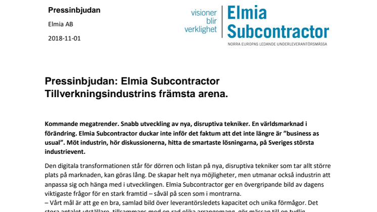 Pressinbjudan: Elmia Subcontractor Tillverkningsindustrins främsta arena.