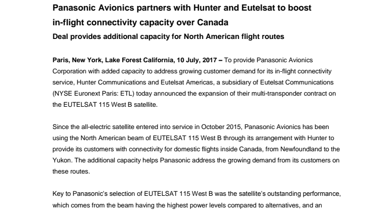 Panasonic Avionics partners with Hunter and Eutelsat to boost in-flight connectivity capacity over Canada
