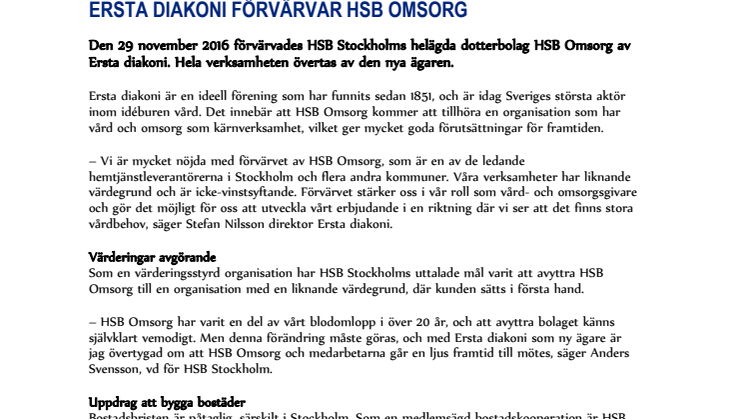 ERSTA DIAKONI FÖRVÄRVAR HSB OMSORG