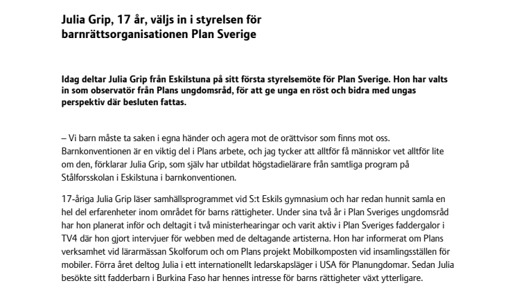 Julia Grip, 17 år, väljs in i styrelsen för barnrättsorganisationen Plan Sverige 