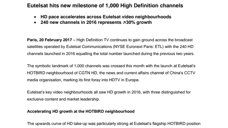 Eutelsat hits new milestone of 1,000 High Definition channels