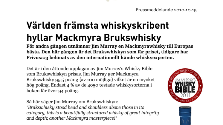 Världen främsta whiskyskribent hyllar Mackmyra Brukswhisky